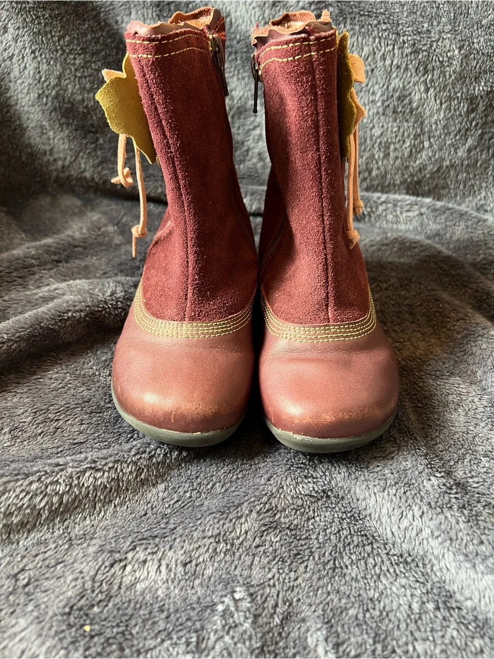 EU 30 (US 12.5) Burgundy Suede Leather Floral Boots Side Zip